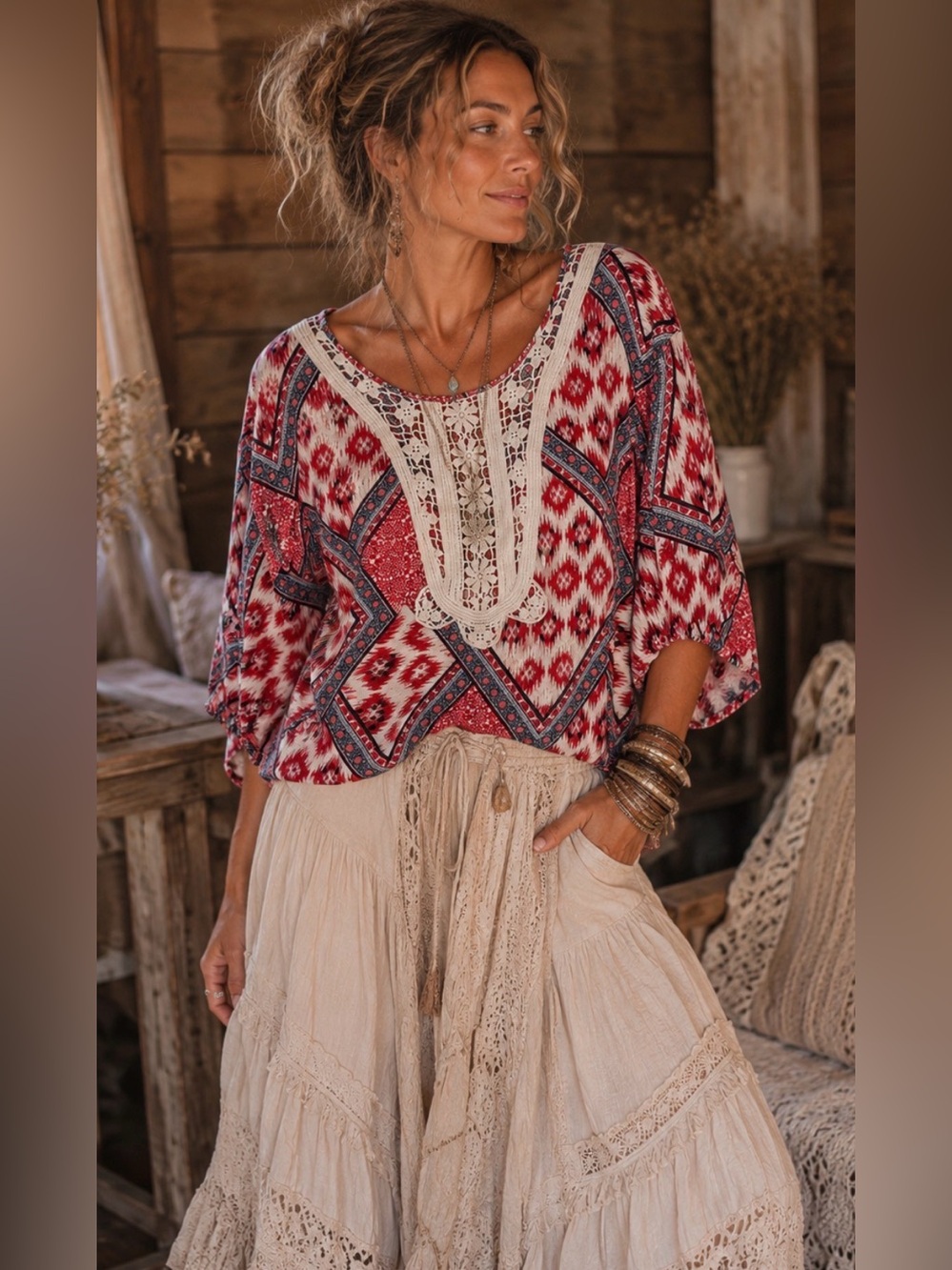 Eyeshadow Boho Crochet Trim Print Blouse XL (Runs Small)